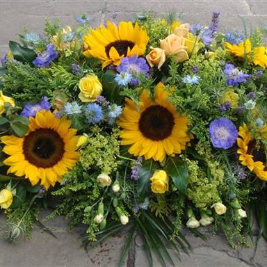 Sunflower Summer Blues Casket Spray Funeral Flowers March