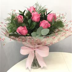 6 Pink Roses Handtied in a Vase